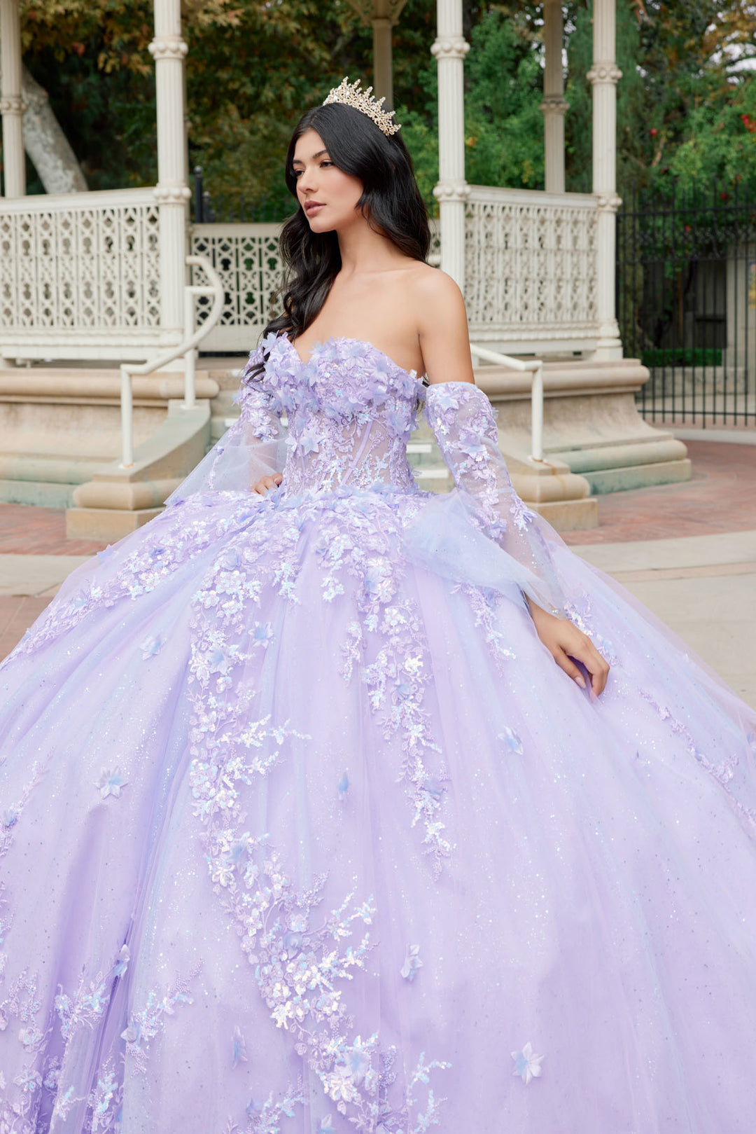 Juliet JT1459J off-shoulder floral appliqué quinceanera dress front close-up view