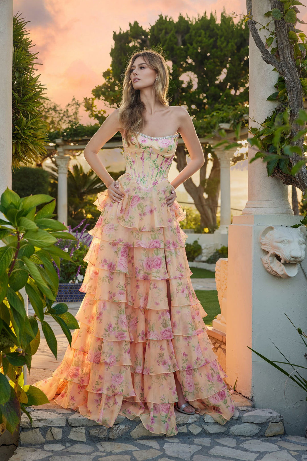 Print Strapless A-line Tiered Slit Gown by Juliet JT2739S - FOSTANI.com