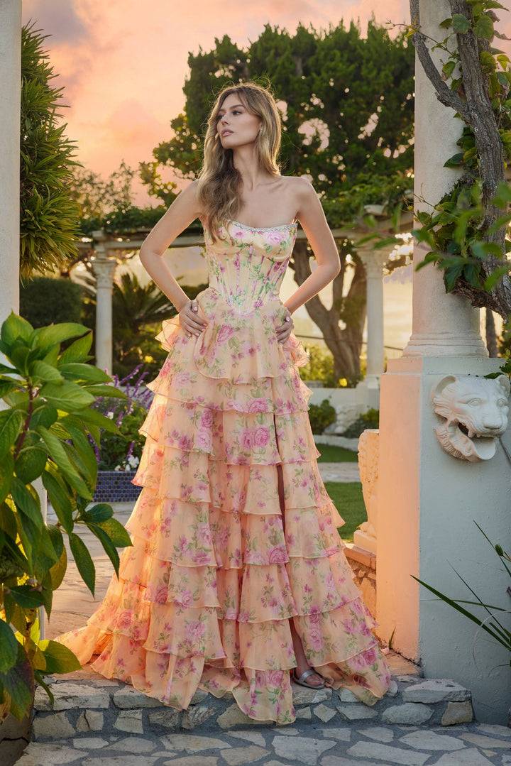 Print Strapless A-line Tiered Slit Gown by Juliet JT2739S - FOSTANI.com