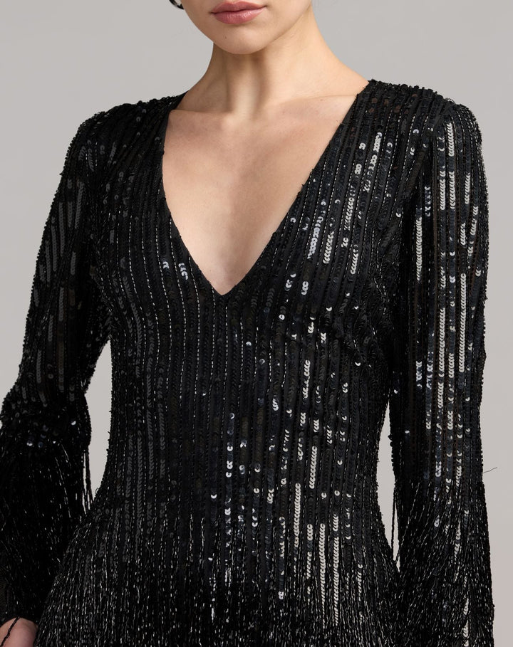Mac Duggal 10043 Long Sleeve V-Neck Beaded Fringe Mini Dress