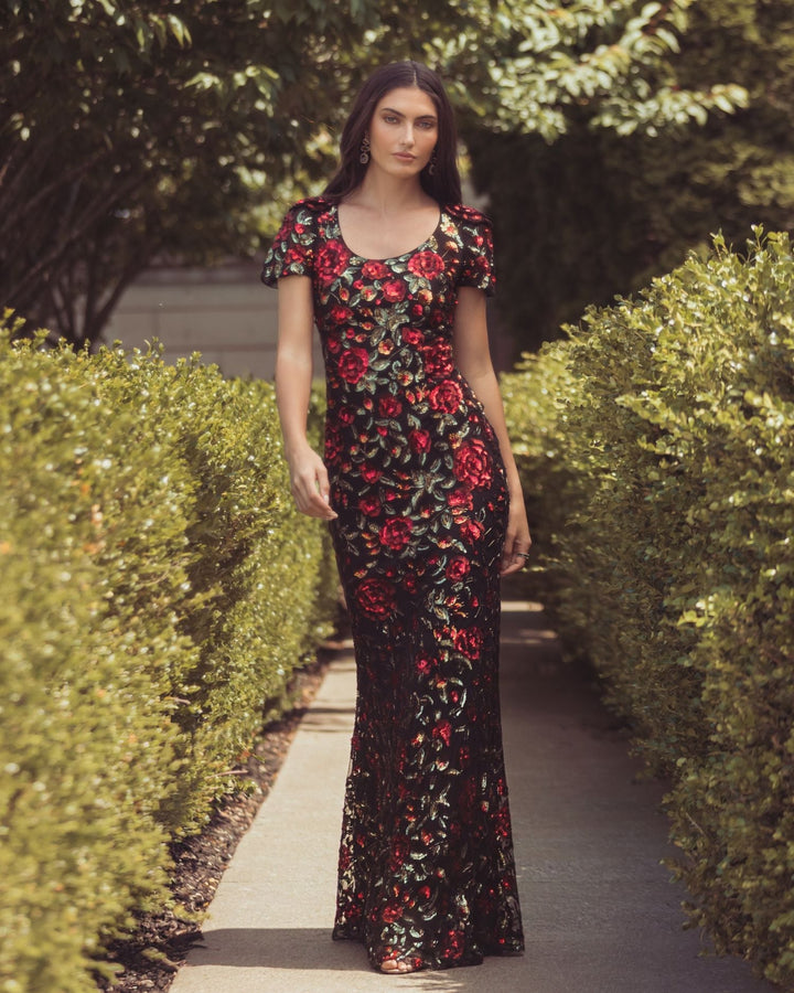 Mac Duggal 10076 Floral Sequin Scoop Neck Trumpet Gown