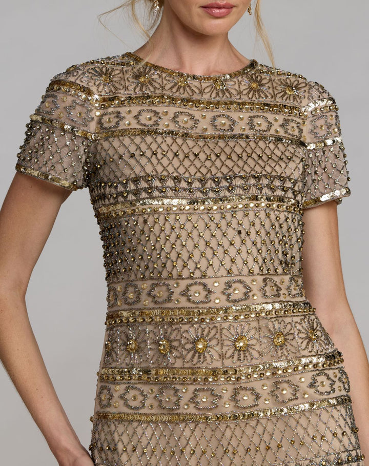 Mac Duggal 10113 Gold Short Sleeve Embellished Mini Dress