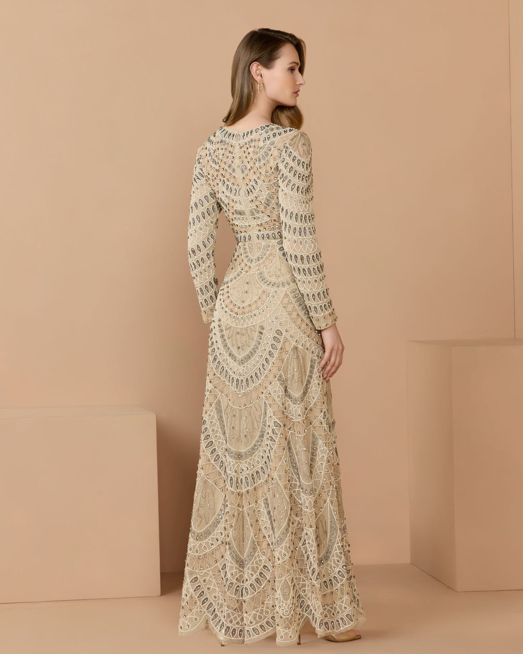 Mac Duggal 10175 Long Sleeve Hand Beaded A-Line Gown