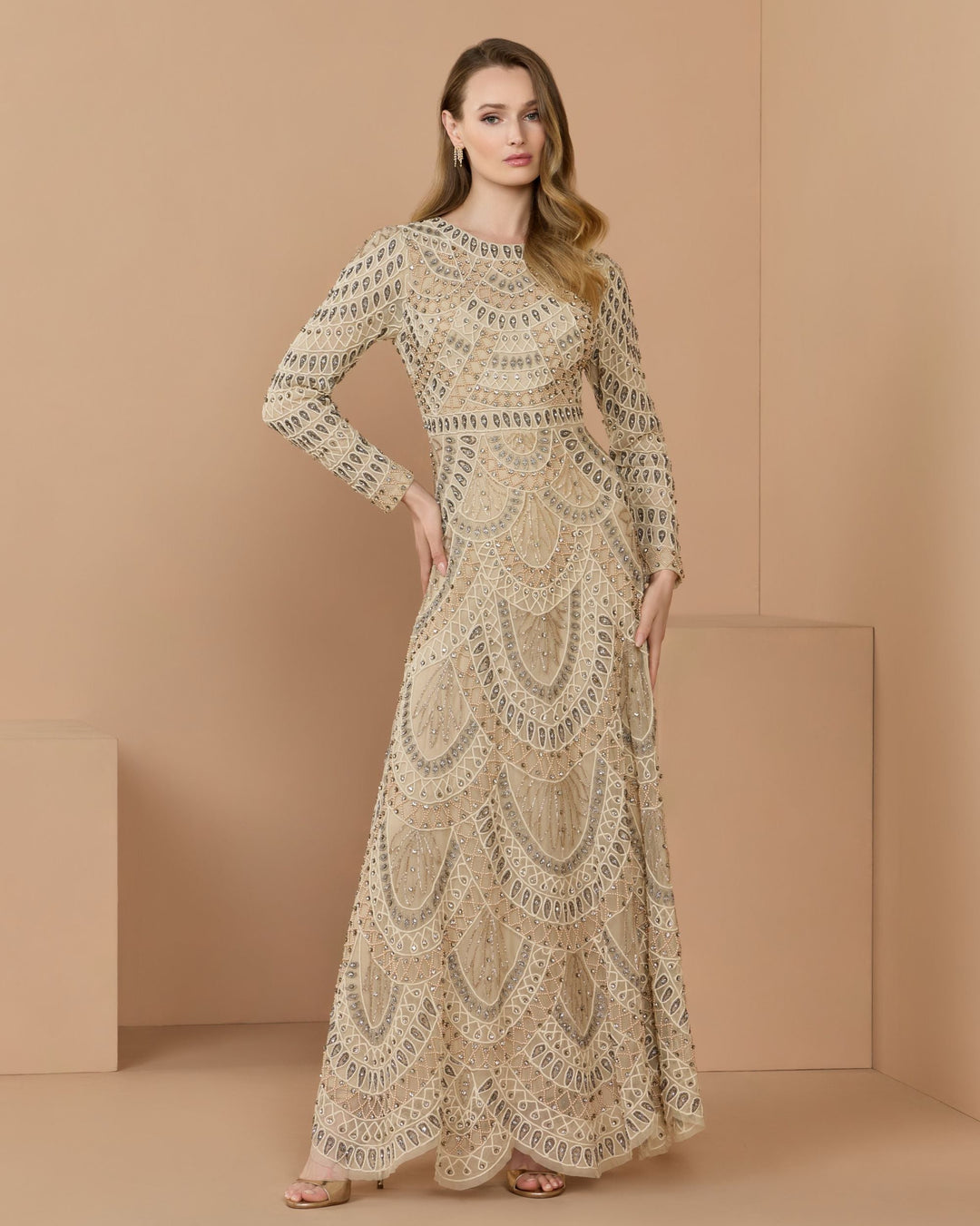 Mac Duggal 10175 Long Sleeve Hand Beaded A-Line Gown