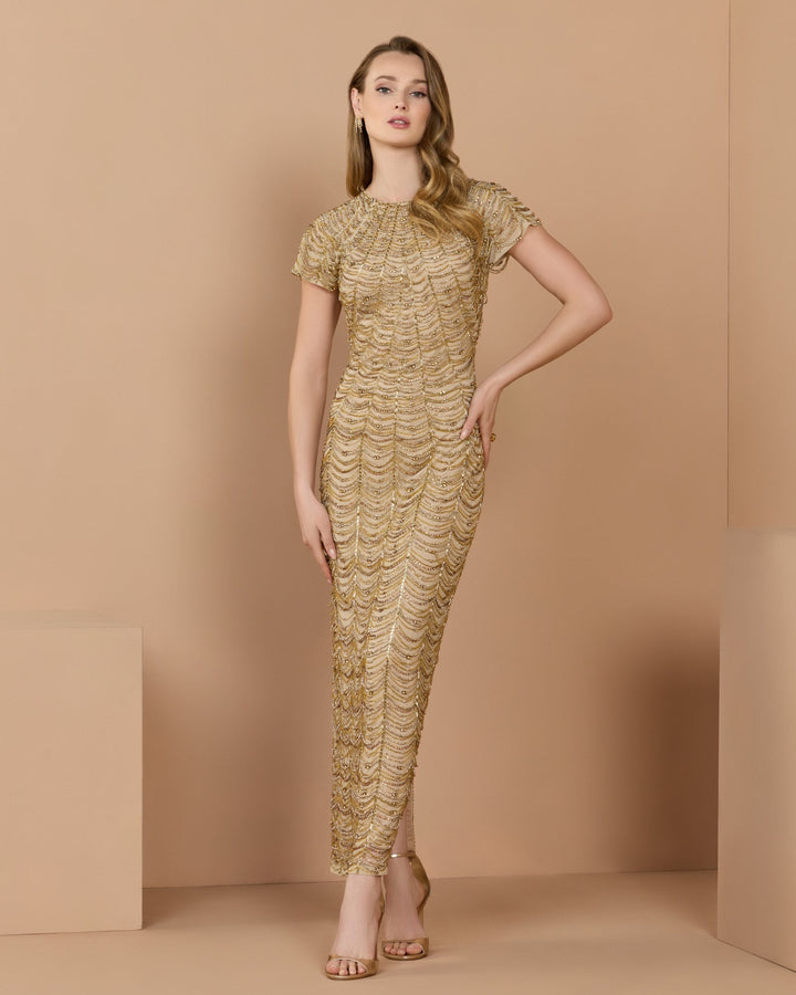 Mac Duggal 10184 Beaded Cap Sleeve Column Gown