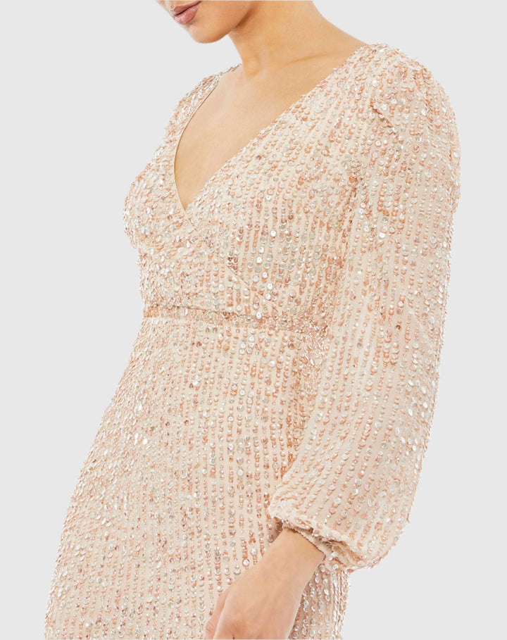 Mac Duggal 107641 Sequined Illusion Puff Sleeve V Neck Midi Dress