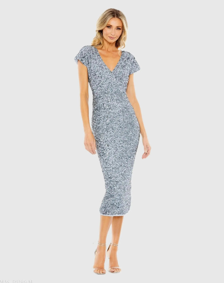 Mac Duggal 10766 Sequined Cap Sleeve Wrap Over Cocktail Dress
