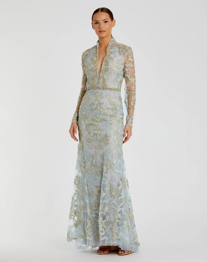 Mac Duggal 11165 Queen Anne Lace Long Sleeve V-Neck Trumpet Gown