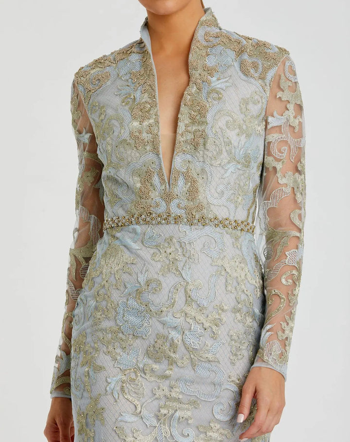 Mac Duggal 11165 Queen Anne Lace Long Sleeve V-Neck Trumpet Gown