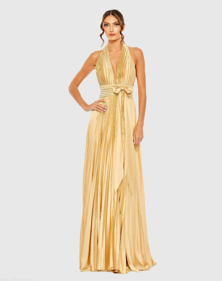 Mac Duggal 11636 Pleated Halter Neck Gown with Center Bow