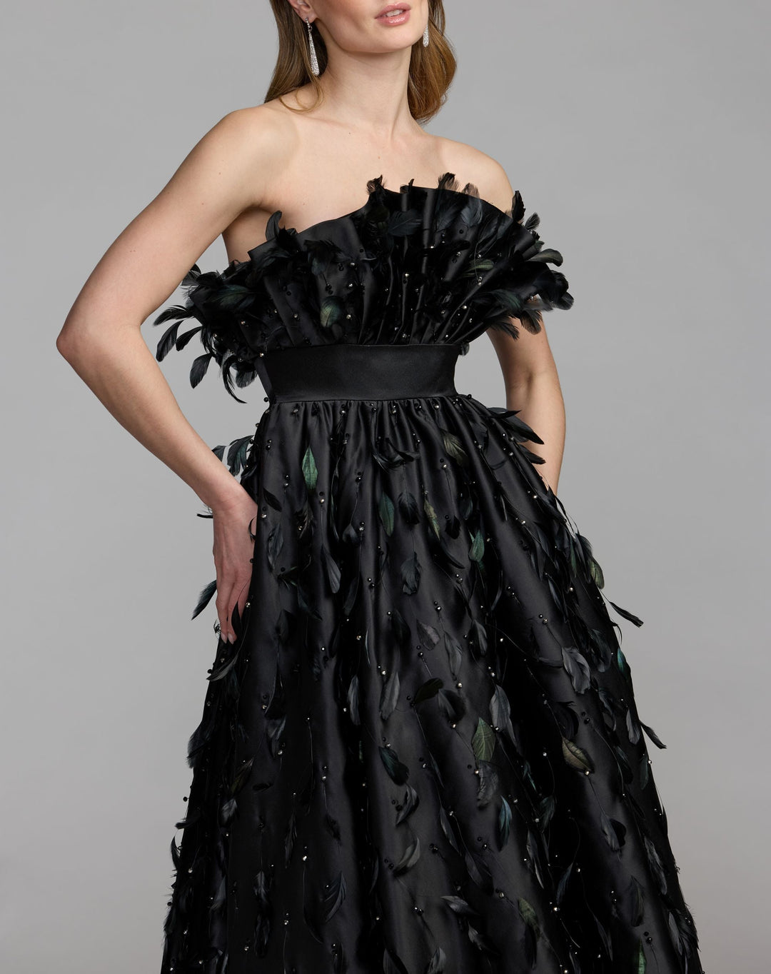 Mac Duggal 11835 Strapless Feather Embellished High Low Satin Gown