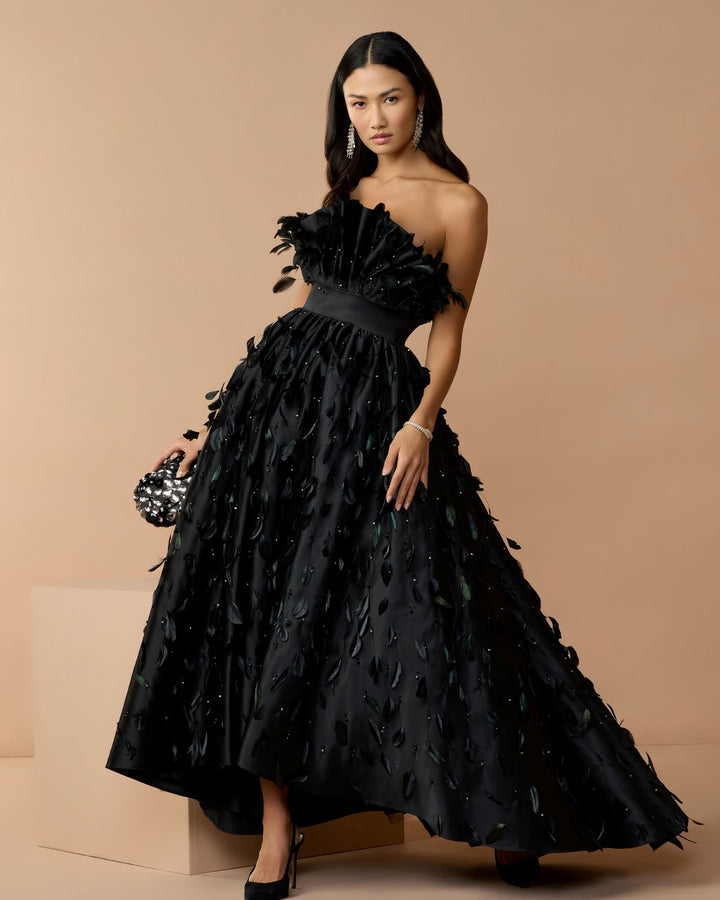 Mac Duggal 11835 Strapless Feather Embellished High Low Satin Gown