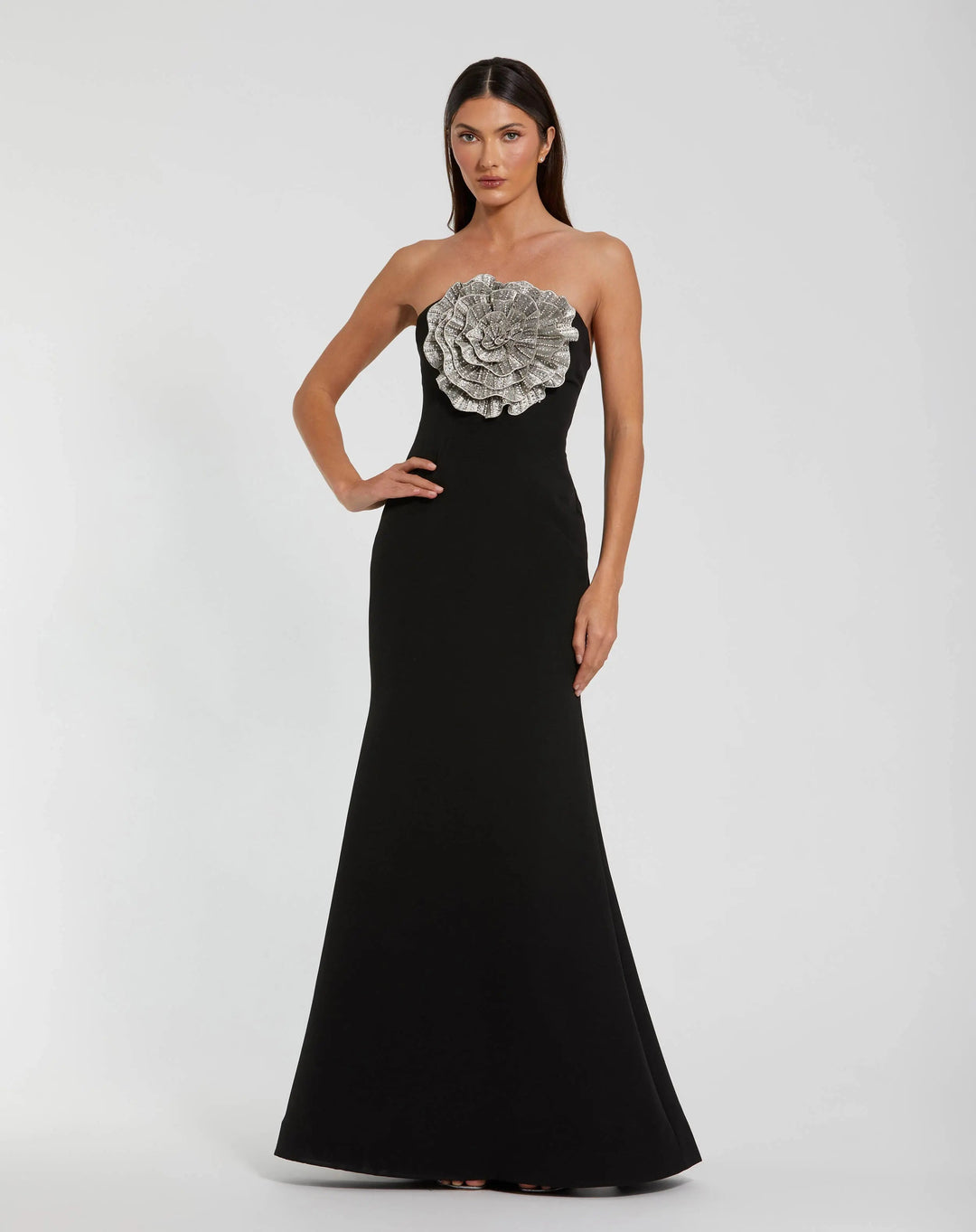 Mac Duggal 11855 Strapless Crepe Trumpet Gown with 3D Rhinestone Flower