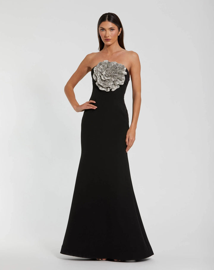 Mac Duggal 11855 Strapless Crepe Trumpet Gown with 3D Rhinestone Flower
