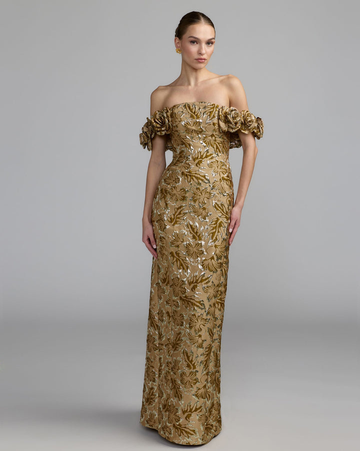 Mac Duggal 11875 Off The Shoulder Rosette Column Gown