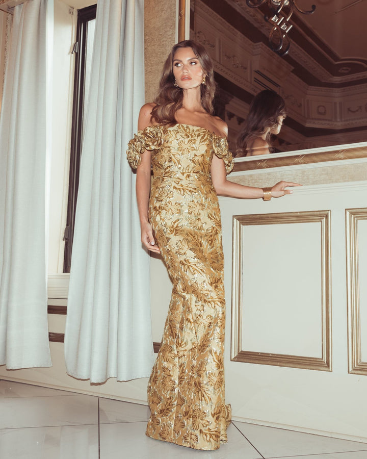 Mac Duggal 11875 Off The Shoulder Rosette Column Gown