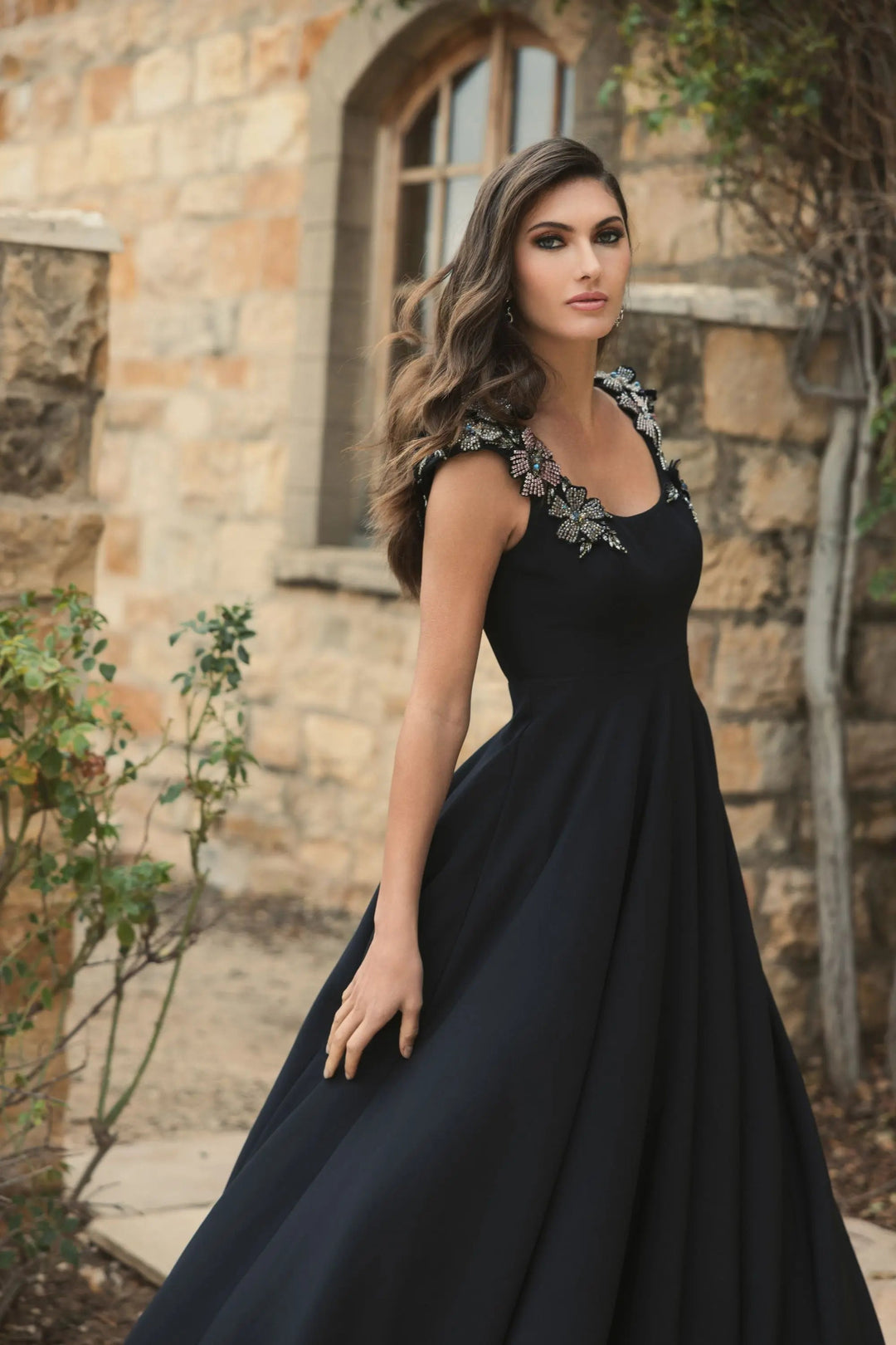 Mac Duggal 11949 Crepe Sleeveless Ballgown With Rhinestone Flowers