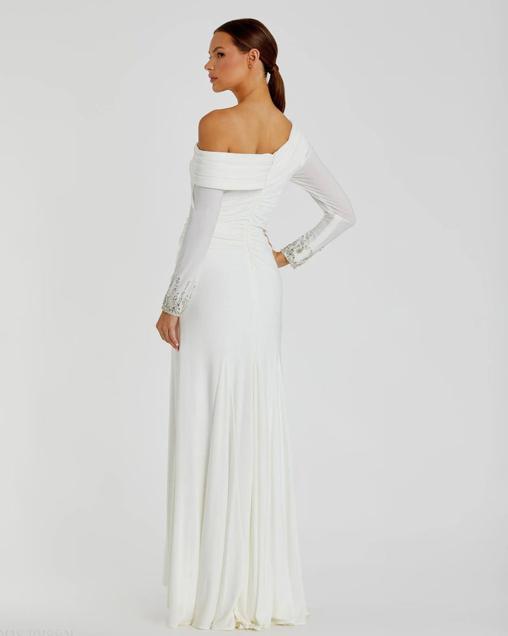 Mac Duggal 12231 Beaded Cuff Drop Shoulder Faux Wrap Gown