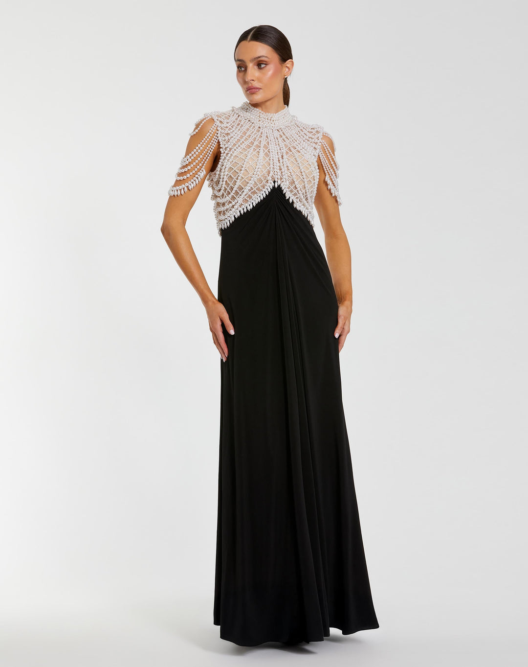 Mac Duggal 13203 Jersey Gown With Draped Pearl Beading