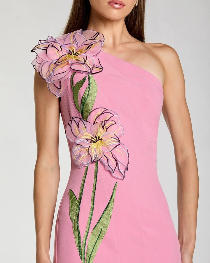 Pink One Shoulder Mermaid Gown With 3D Flower - FOSTANI.com