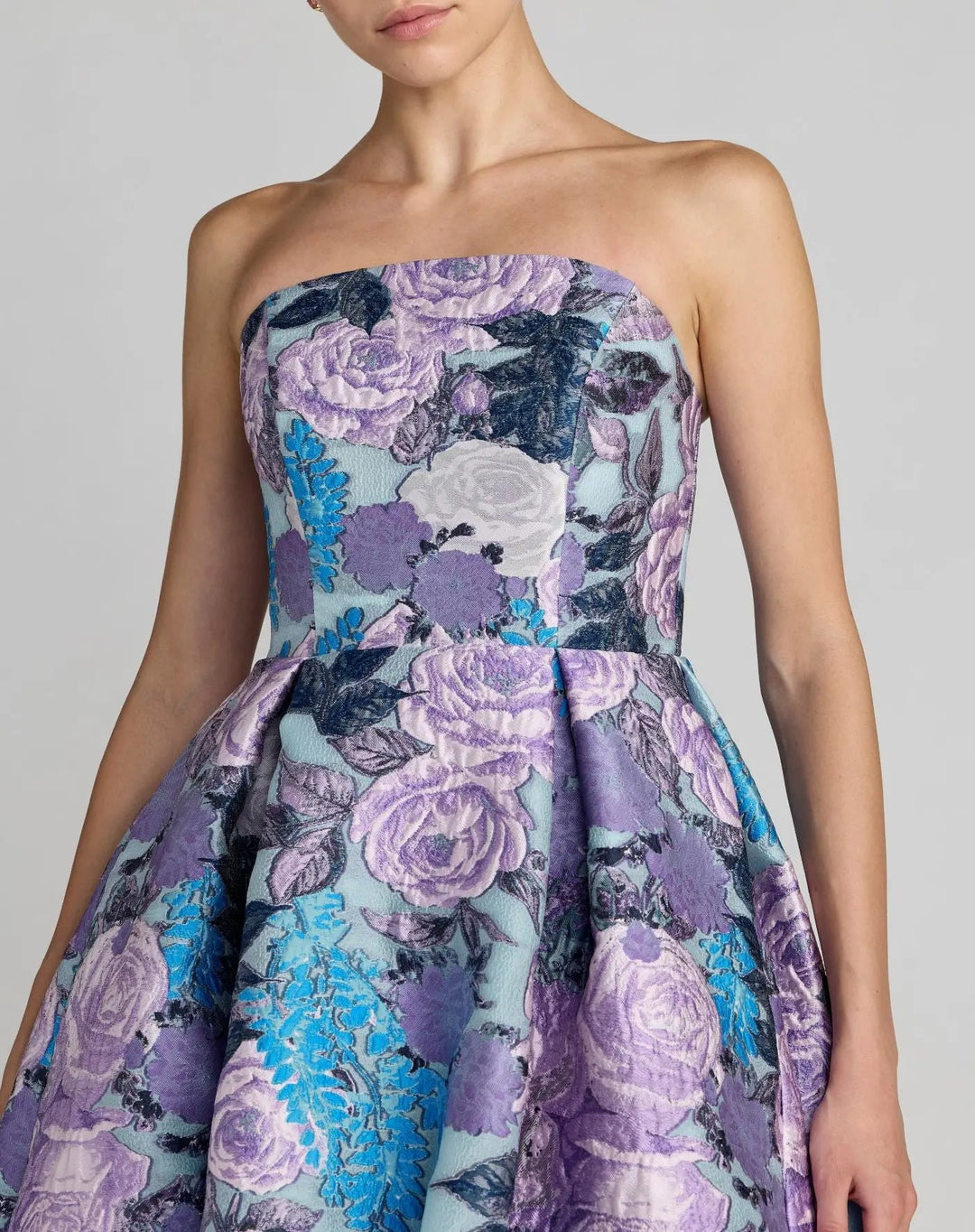 Blue Floral Embroidered Strapless Organza Midi Dress - FOSTANI.com