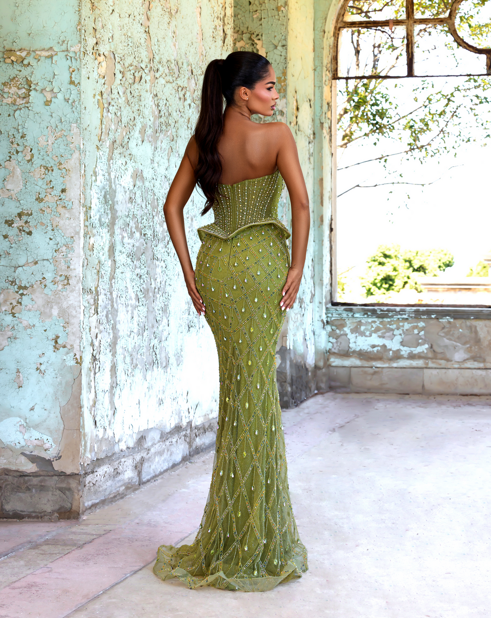 Delilah LD23012 Strapless Crystal Cup Corset Sheath Gown with Peplum and Teardrop Crystals - Green back view