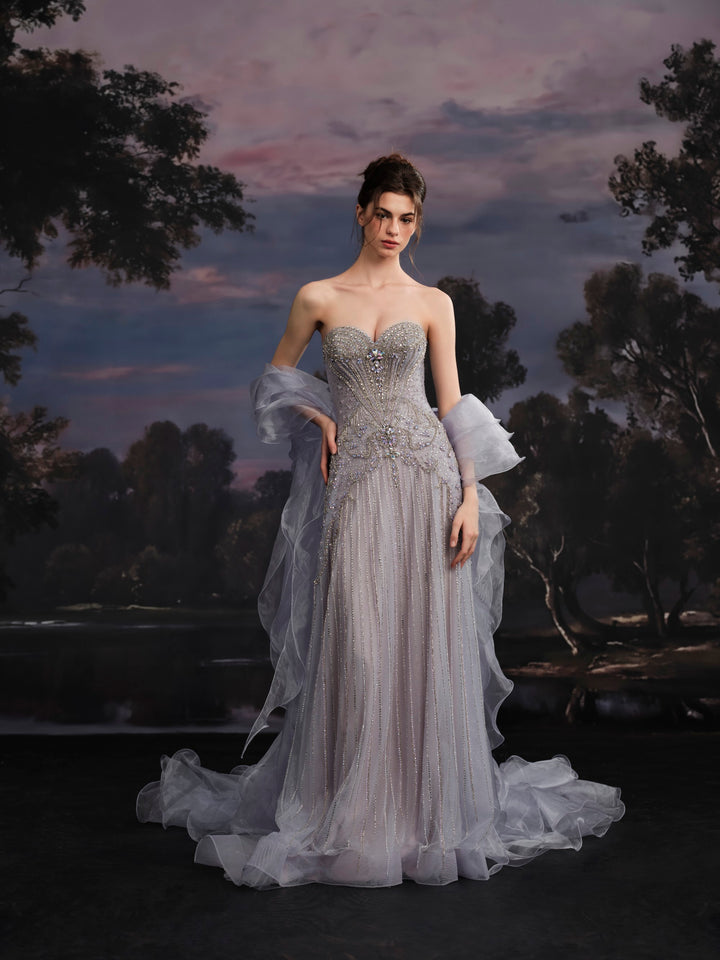 Delilah SH12070 Strapless Crystal Corset Column Gown with Ruffled Organza Stole - Purple front view