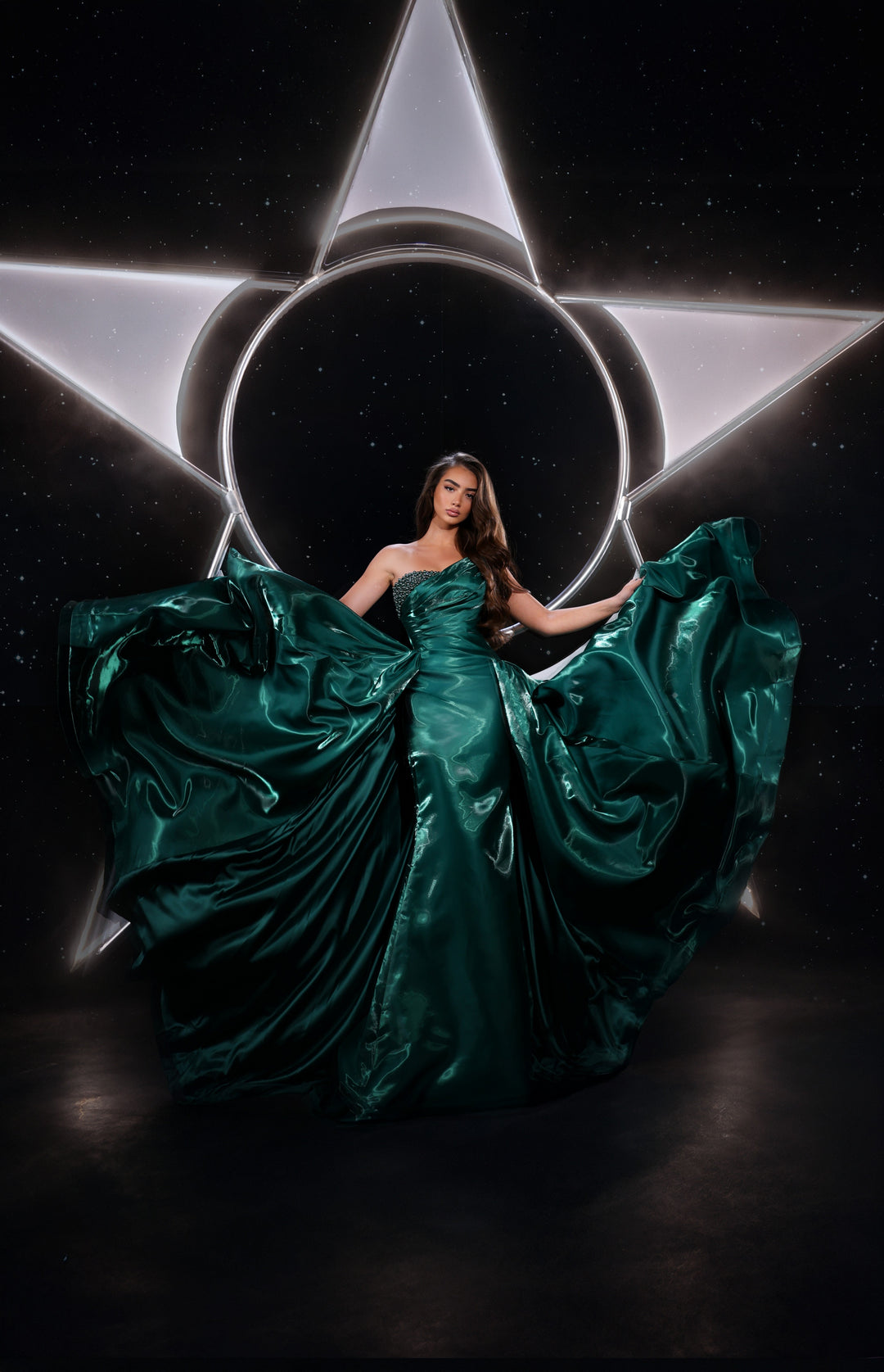Delilah LD41026 Strapless Asymmetric Draped Sheath Gown with Beaded Accent and Overskirt Train - Green full view