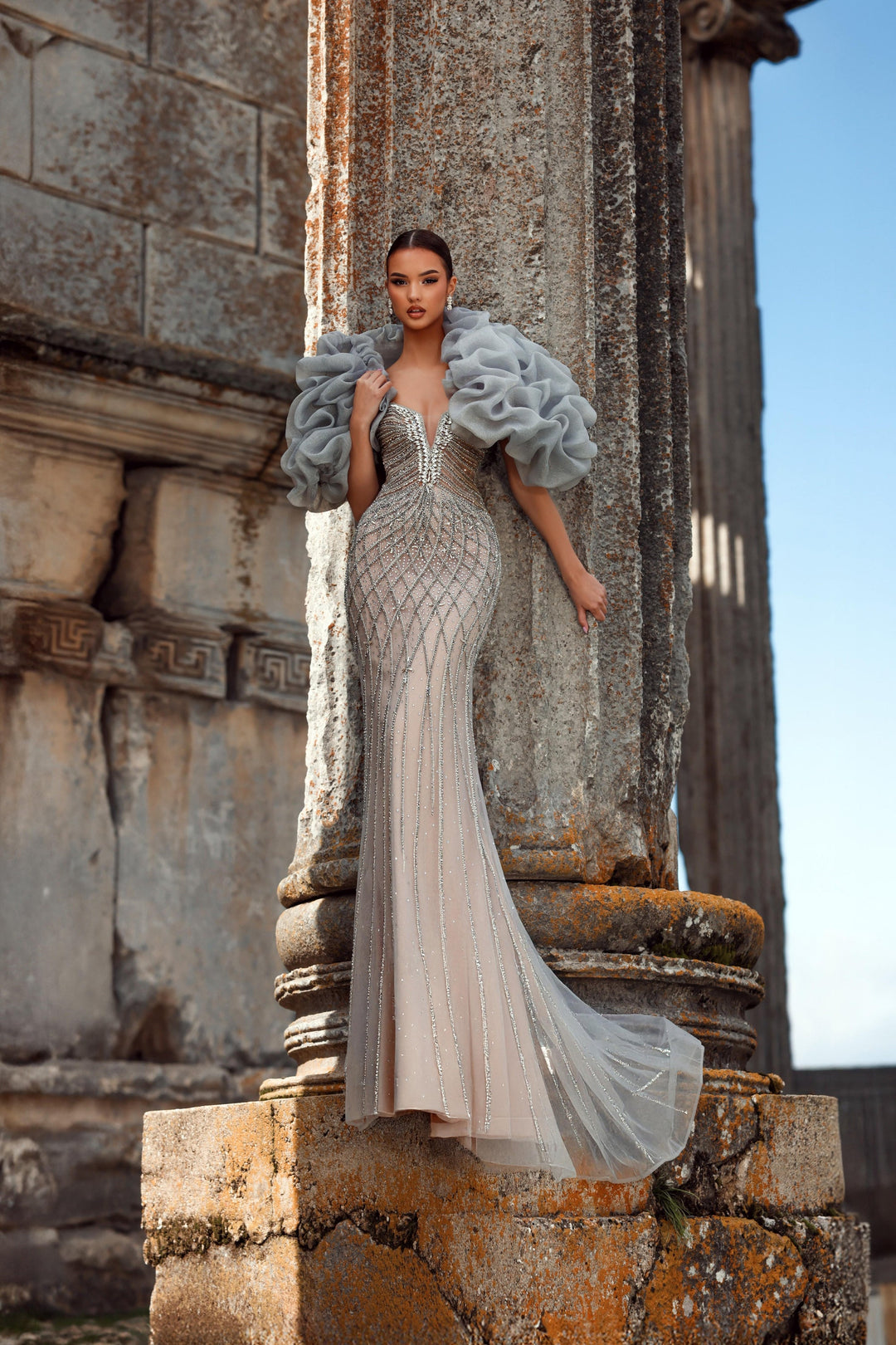 Delilah LD11466 Strapless Plunging Sweetheart Crystal Lattice Mermaid Gown with Ruffled Arm Puffs - Grey front view