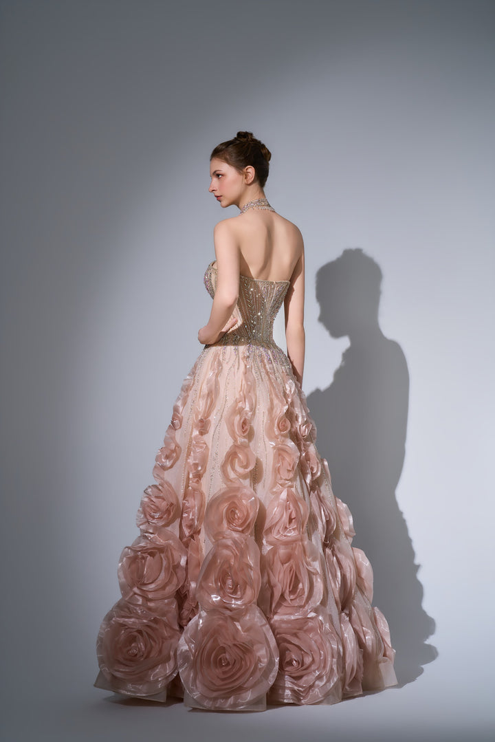 Delilah SH12068 Maxi Strapless Crystal Corset Ball Gown with 3D Rosette Skirt - Champagne back view
