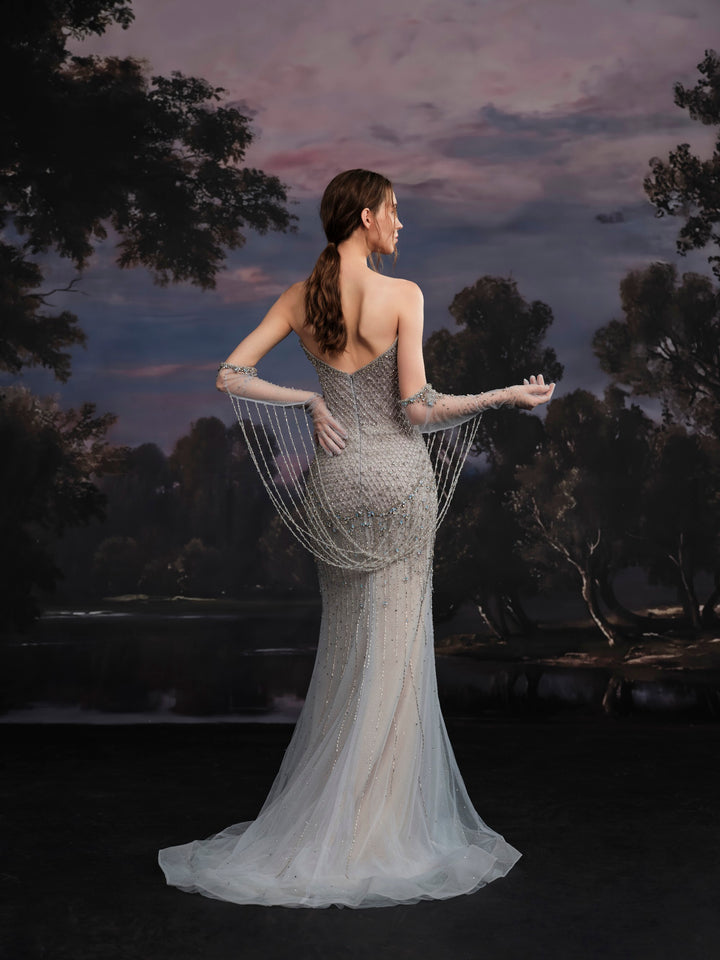 Delilah SH12075 Strapless Plunging Crystal Lattice Corset Mermaid Gown with Choker - Lilac back view