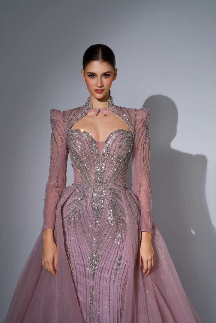 Delilah LD11650 High Collar Long Sleeve Crystal Sheath Gown with Tulle Overskirt - Pink close-up view