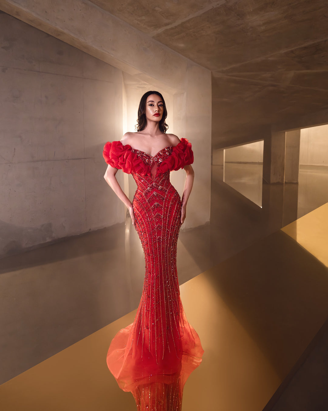 Delilah LD23025 Off-the-Shoulder Ruffle Crystal Beaded Mermaid Gown - Red front view