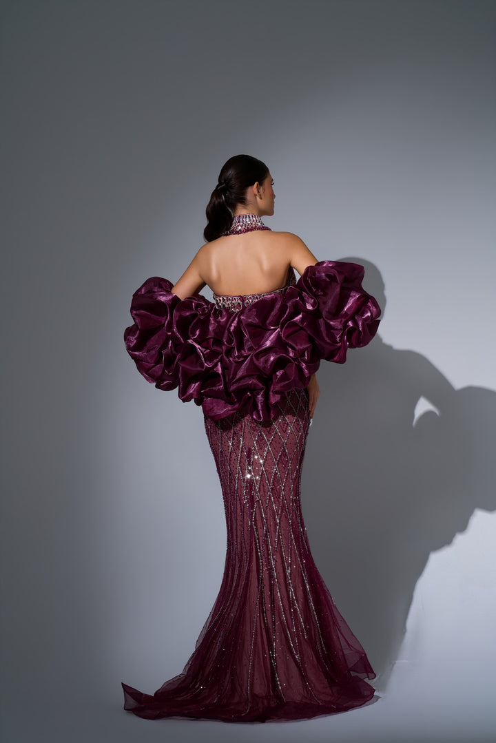 Delilah LD11689 Strapless Plunging Crystal Lattice Mermaid Gown with Puff Sleeves - Red back view