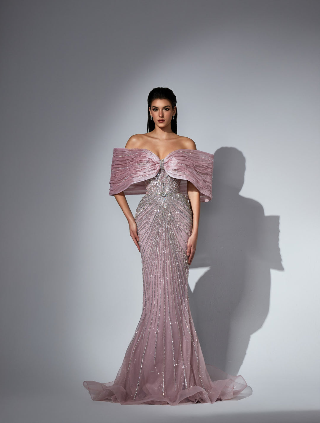 Delilah LD11576 Off-the-Shoulder Bow Collar Beaded Mermaid Gown - Pink front view