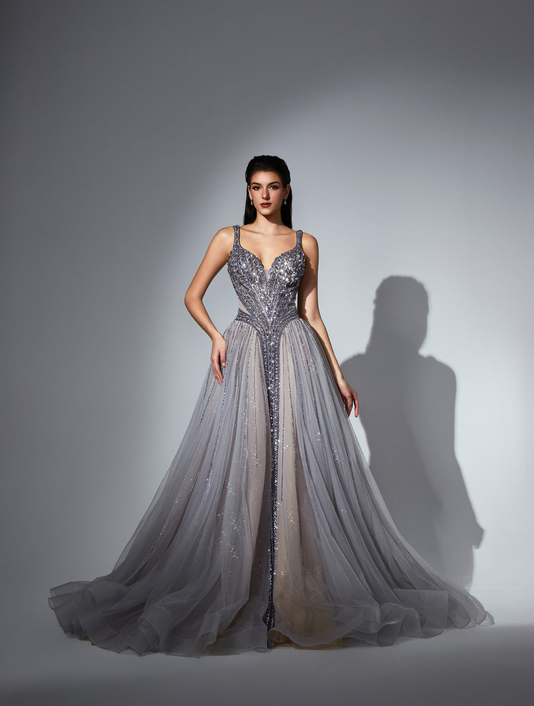Delilah LD11533 Plunging V Crystal Corset Ball Gown with Tulle Skirt - Purple front view