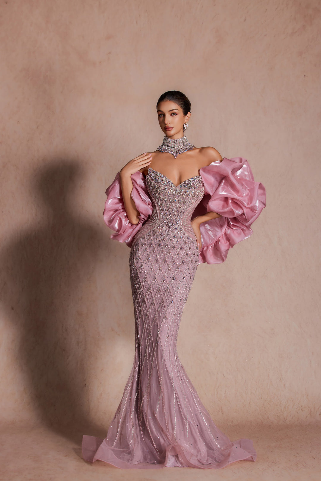 Delilah LD11689 Strapless Plunging Crystal Lattice Mermaid Gown with Puff Sleeves - Pink front view