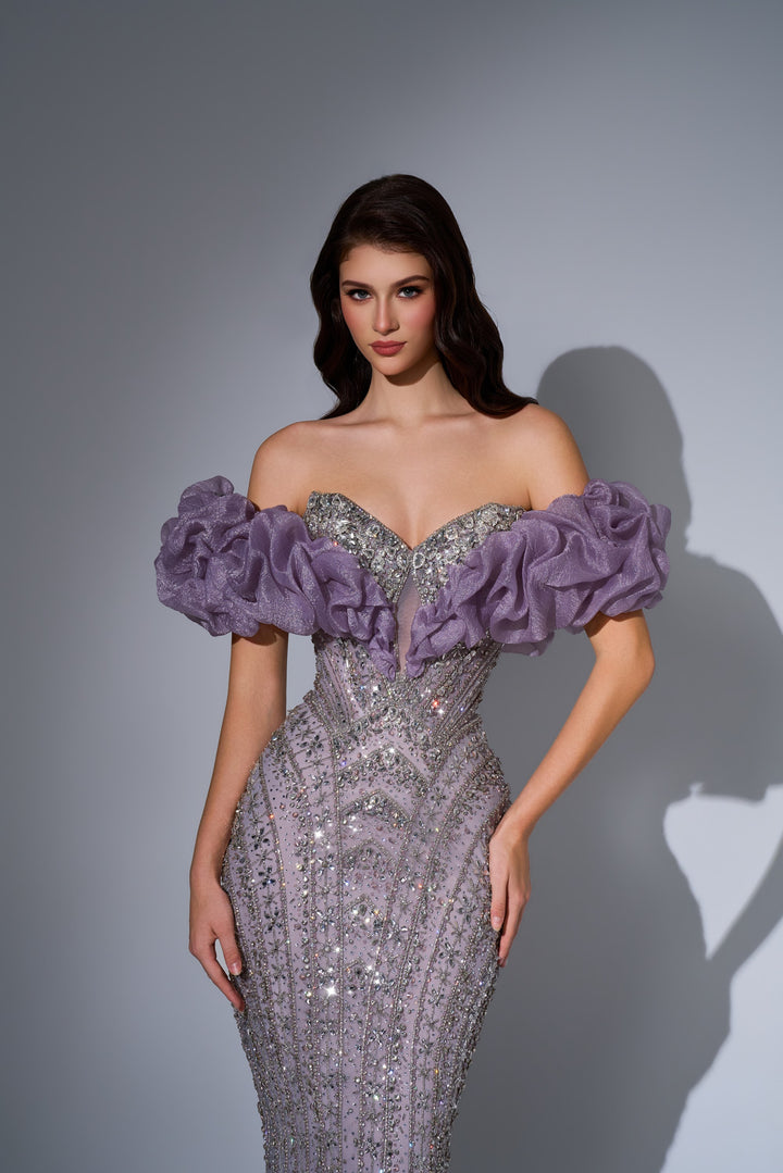 Delilah LD23025 Off-the-Shoulder Ruffle Crystal Beaded Mermaid Gown - P.Grey close-up view