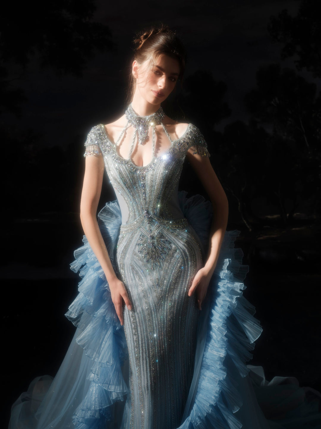 Delilah SH12057 High Neck Cap Sleeve Crystal Mermaid Gown with Ruffled Overskirt - Blue close-up view