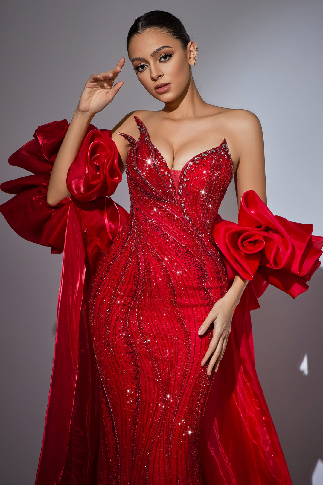 Delilah HM402 Strapless Plunging Sweetheart Beaded Mermaid Gown with Ruffled Overskirt - Red close-up view