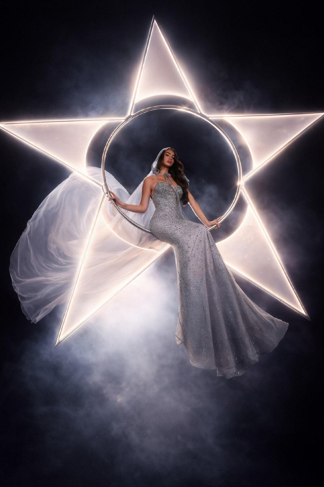 Delilah LD21191 Plunging Sequin Mermaid Gown with Crystal-Edged Hooded Cape - Grey front view