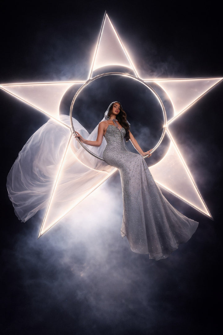 Delilah LD21191 Plunging Sequin Mermaid Gown with Crystal-Edged Hooded Cape - Grey front view