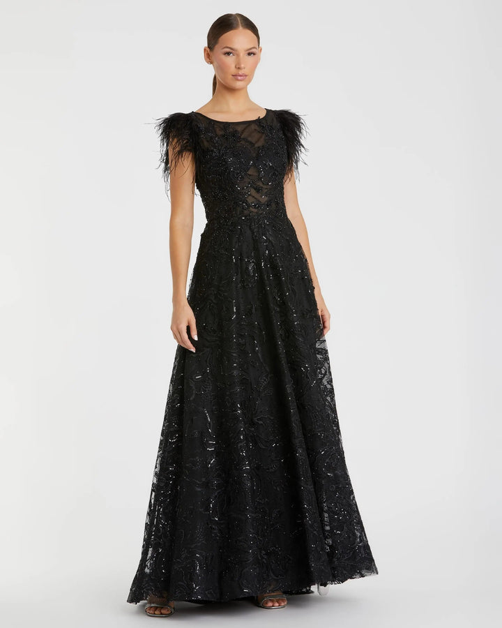 Mac Duggal 20296 Embellished Boat Neck A-Line Gown with Feather Sleeves