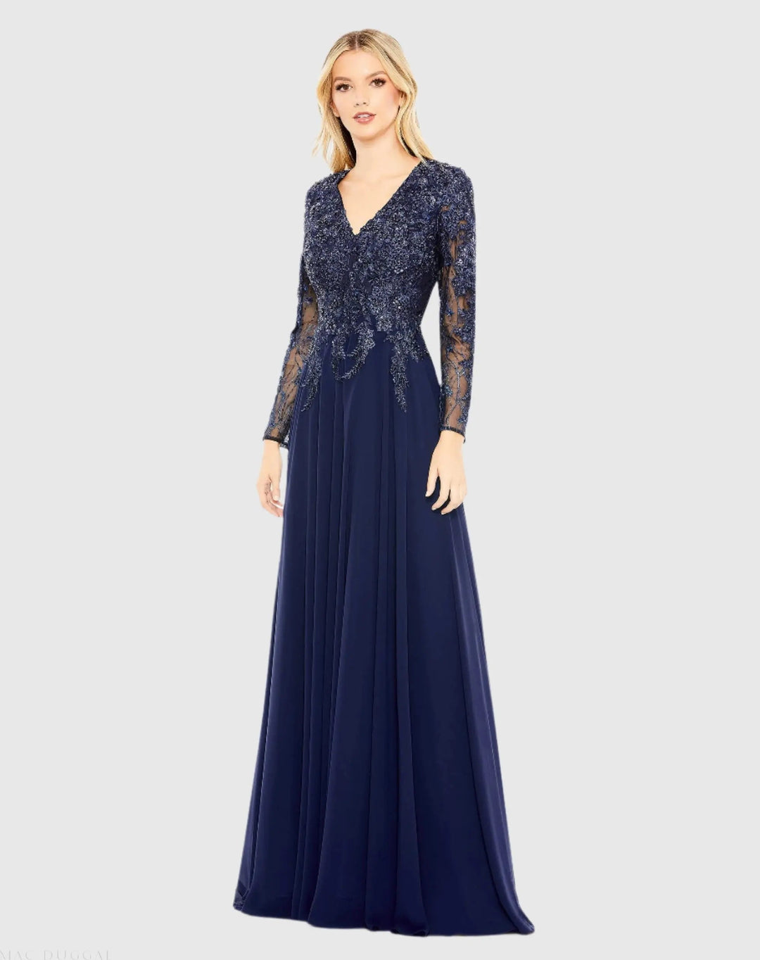 Mac Duggal 20388 Embellished Illusion V Neck Long Sleeve Gown