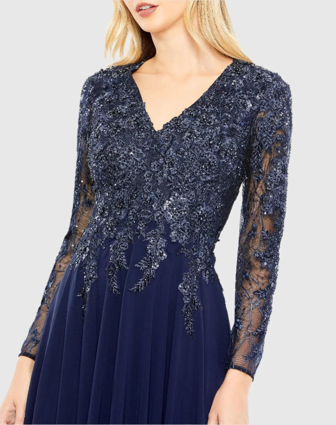 Mac Duggal 20388 Embellished Illusion V Neck Long Sleeve Gown