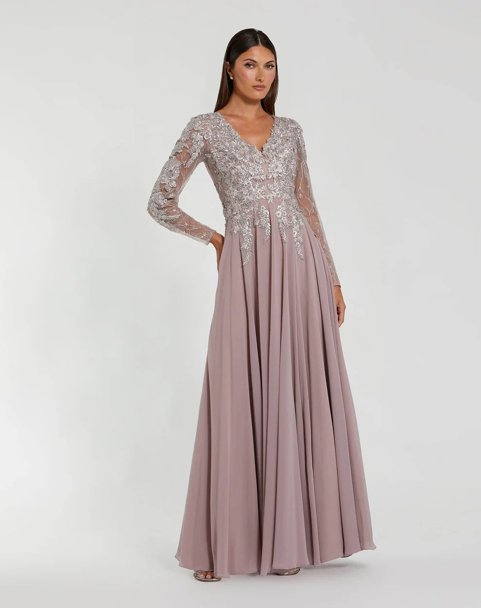 Mac Duggal 20388 Embellished Illusion V Neck Long Sleeve Gown
