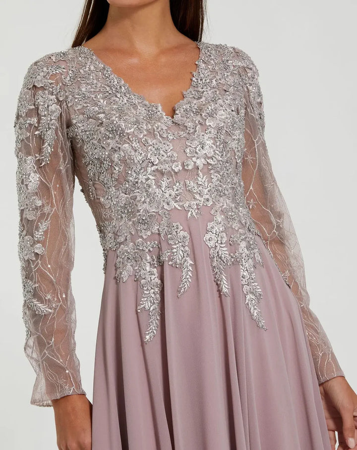 Mac Duggal 20388 Embellished Illusion V Neck Long Sleeve Gown