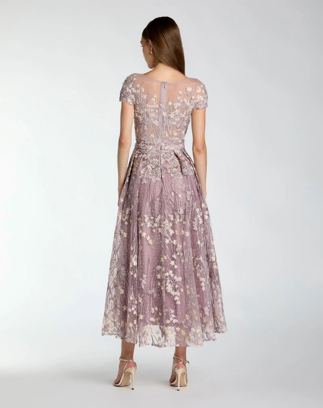 Mac Duggal 20502 Purple Embroidered Cap Sleeve High Neck Midi Dress