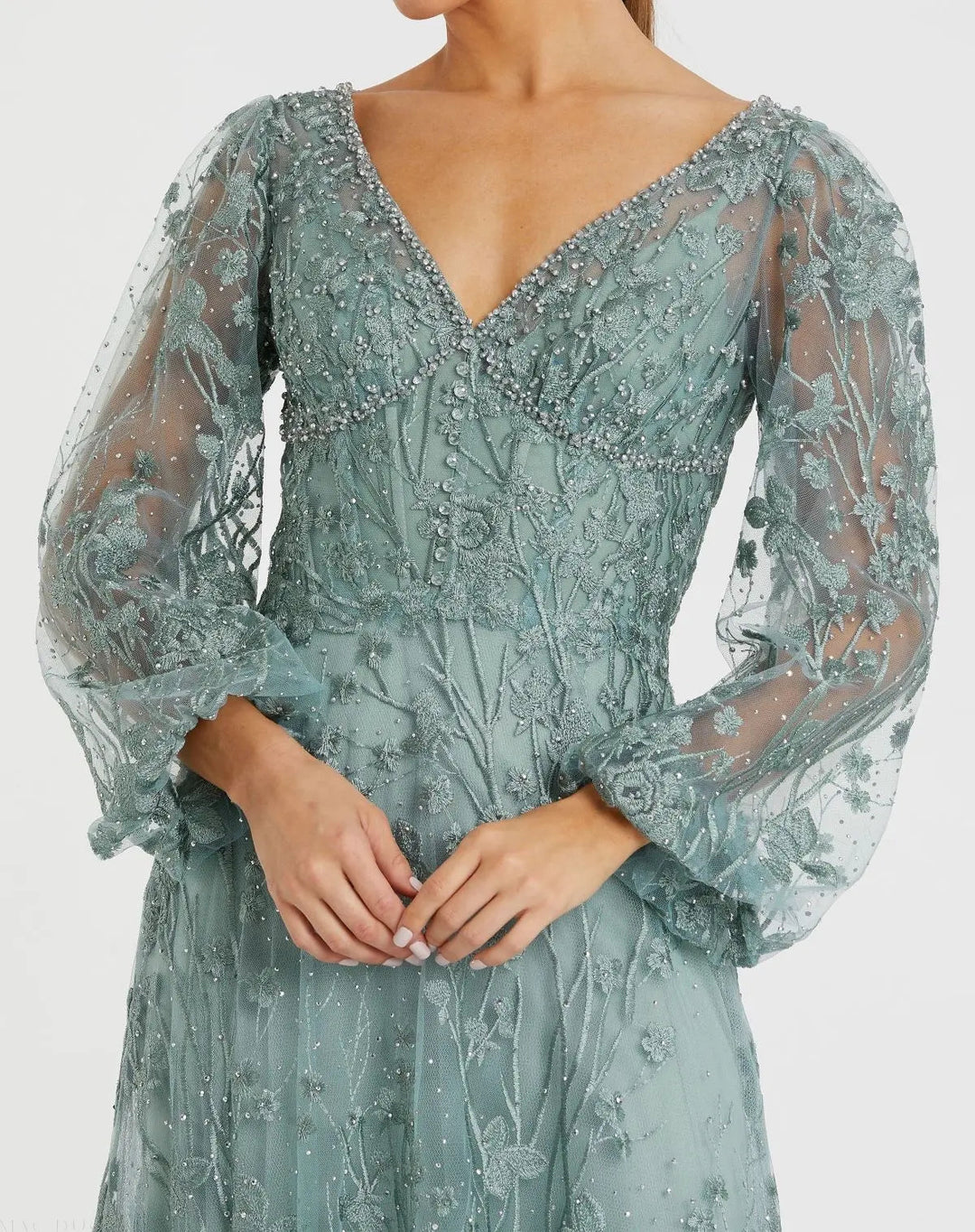 Mac Duggal 20512 V-Neck Embroidered A-line Tea Length Dress
