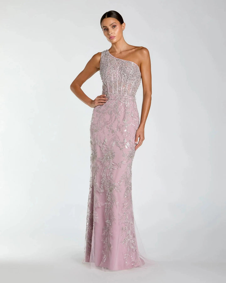Mac Duggal BUST Green One Shoulder Hand Embellished Evening Gown